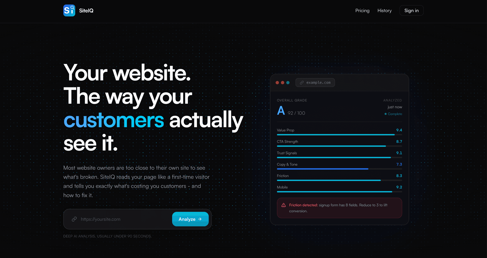 SiteIQ: paste a URL and get a graded, annotated conversion audit in seconds.